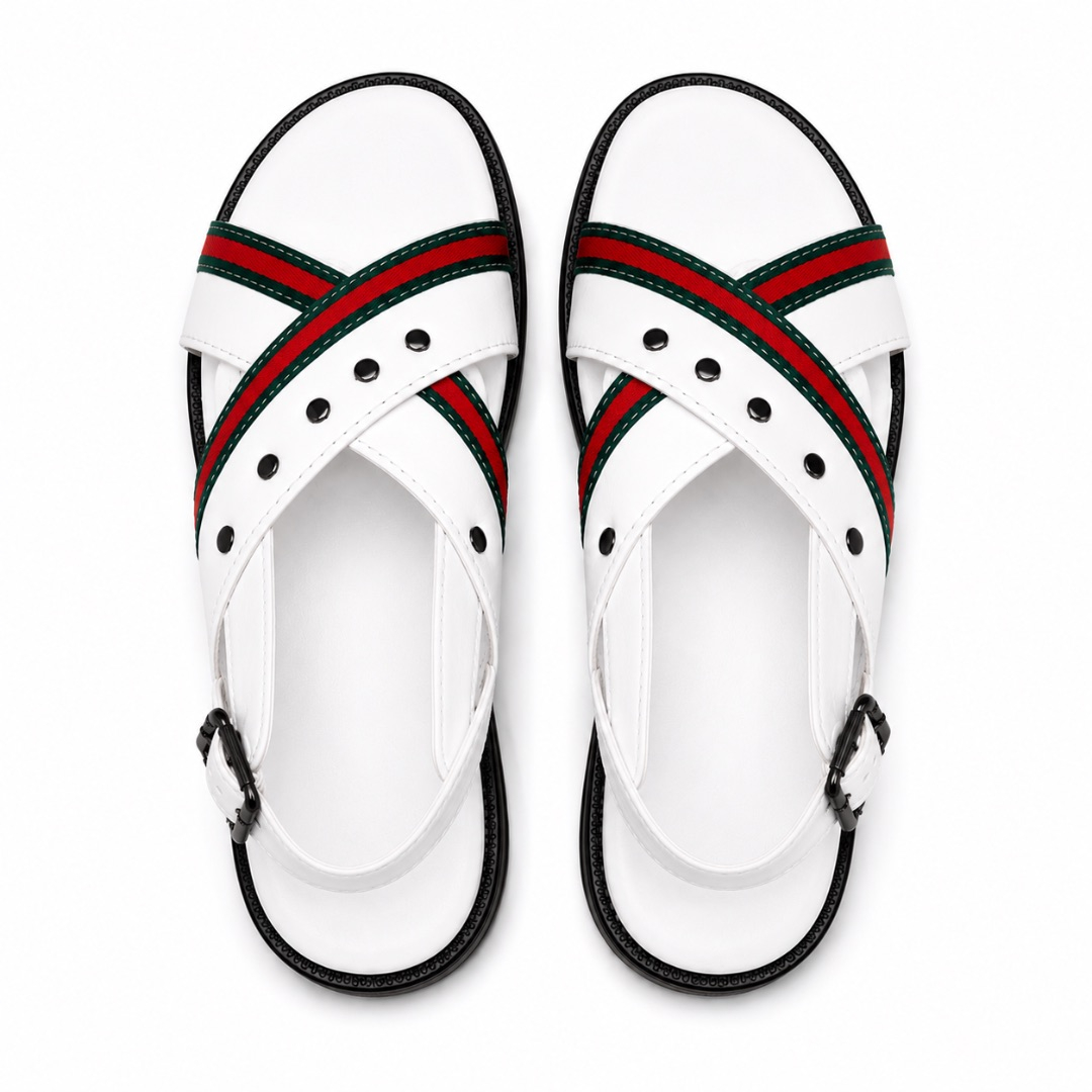 Mens White Strap Sandals with Buckle and Decorative Stripes